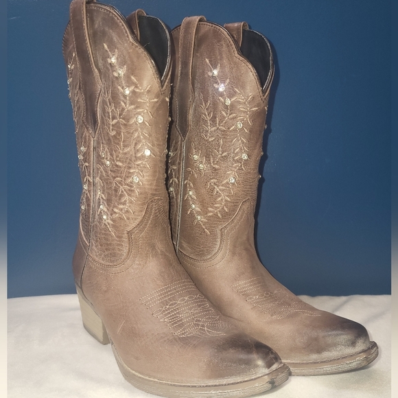 Sterling River Women's Floral Leather Cowboy Boots Size 7 Taupe Brown Rhinestone